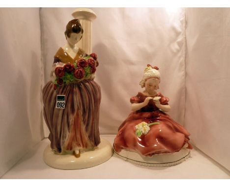 Decorated pottery figure of a girl & table lamp base modelled as a flower seller
