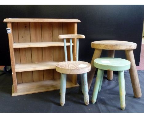 Miniature pine wall shelf and 3 stools