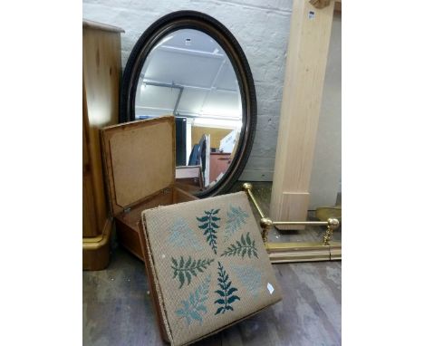 Edwardian oval wall mirror & pair of tapestry top foot stools