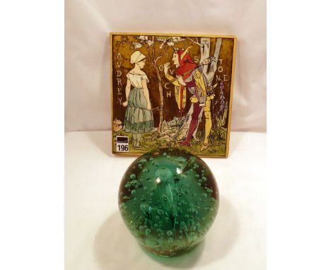 Early Copelands decorated tile and glass paper weight