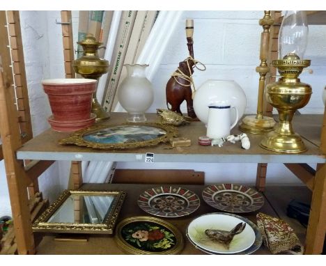 2 Royal Crown Derby wall plaques, 2 reproduction brass oil lamps, gilt framed mirror & wooden elephant table lamp etc.