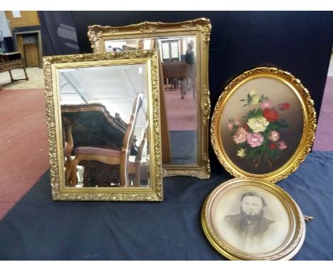 2 reproduction gilt framed wall mirrors, framed portrait and picture of flowers