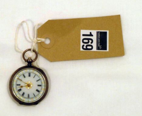 Ladies silver engraved pocket watch with enamel type dial