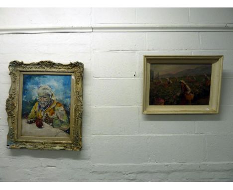 Framed oil painting of farm labourers & portrait of a gentlemen
