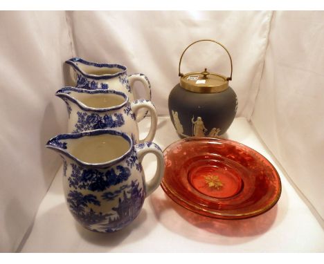 3 Royal Doulton Madras graduated jugs, Wedgwood Jasper ware biscuit barrel, 2 Victorian  ruby type dishes