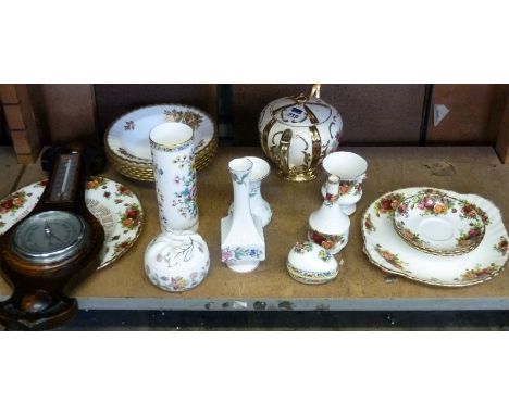 1930's type oak cased barometer, Royal Albert Old Country Roses ware & assorted china including Coalport, Minton & Aynsley