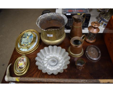 A quantity of various brass and copper to include a jardinière, jugs, a small lantern; together with oval framed pictures 