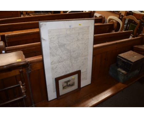 A framed and glazed Ordnance Survey map depicting Coddenham, Great Blakenham etc.; together with a 19th Century coloured engr