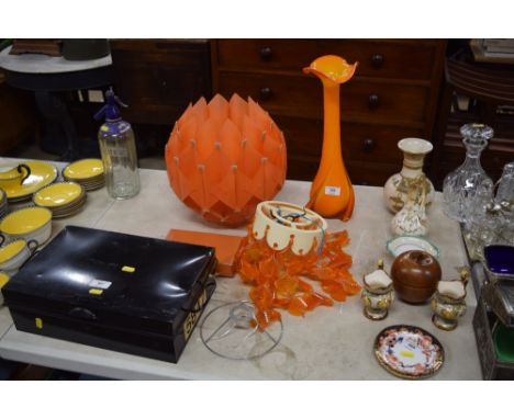 An orange glass vase; two light fittings and a pen stand 