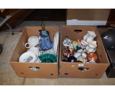 Two boxes of various china; and a table lamp 