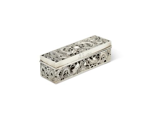 A CHINESE EXPORT SILVER RECTANGULAR TABLE BOX BY WANG HING & CO.HONG KONG, CANTON & SHANGHAI (WH, 90, CHOP MARK) FL. CIRCA 18