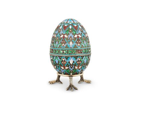 A RUSSIAN SILVER AND CLOISONNÉ ENAMEL EGG BY KHLEBNIKOVImperial warrant mark, 1908-26 Moscow Kokoshnik mark, 84 zolotniki, pa