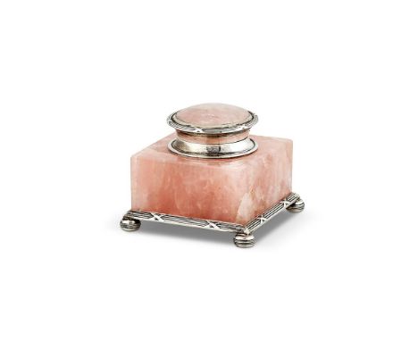 AN EDWARDIAN SILVER AND ROSE QUARTZ SQUARE INKWELL BY WRIGHT & DAVIES (WILLIAM FREDERICK WRIGHT)LONDON 1909With a shallow dom