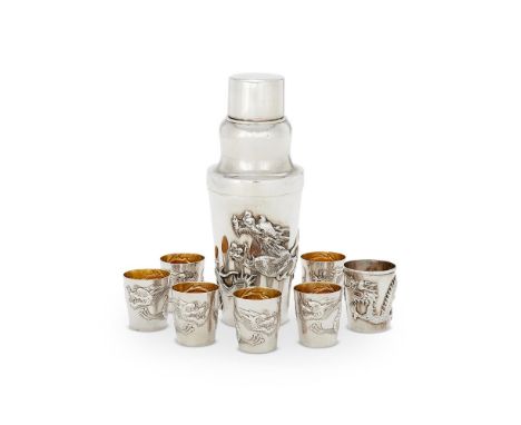 A CHINESE EXPORT SILVER COCKTAIL SHAKER AND SIX TOTS BY WANG HING & CO.HONG KONG, CANTON & SHANGHAI (WH90, CHOP MARK) FL. CIR