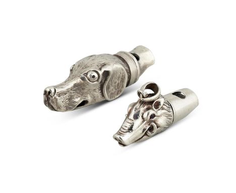 TWO SILVER NOVELTY WHISTLESThe Victorian dog's head by George Unite, Birmingham 1860, 6cm (2 3/8in) long; the boar's head sta