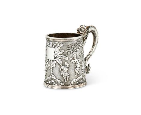 A CHINESE EXPORT SILVER STRAIGHT-TAPERED MUG BY WANG HING & CO.HONG KONG, CANTON & SHANGHAI (90 CHOP MARK, WH) FL. CIRCA 1854