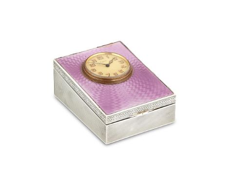 A SWISS SILVER AND ENAMEL CASED TIMEPIECE TRINKET BOX .935 standard, the 4cm champagne dial with luminous Arabic numerals, lu
