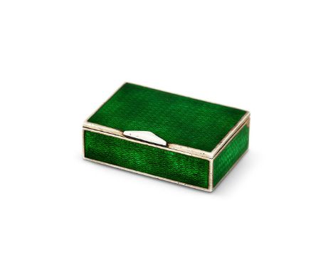 A SMALL SILVER AND ENAMEL RECTANGULAR PILL BOX BY ROBERT CHANDLERBIRMINGHAM 1911With mid green guilloche enamel over engine t