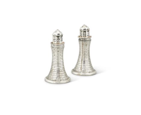 A PAIR OF VICTORIAN SILVER NOVELTY PEPPERETTES BY HENRY WILKINSON & CO.LONDON 1866Modelled as Smeaton's Eddystone lighthouse,