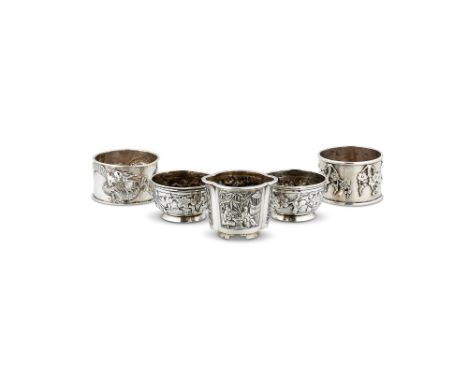 FIVE SMALL PIECES OF CHINESE EXPORT SILVERA pair of hemispherical salts by Wang Hing & Co., Hong Kong, Canton & Shanghai (WH9