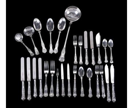 A MATCHED SILVER KINGS' PATTERN PART TABLE SERVICE VARIOUS MAKERS, VARIOUS GEORGE IV AND LATER DATESA few pieces engraved wit