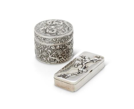 TWO CHINESE EXPORT SILVER BOXESThe cylindrical one by Wang Hing & Co., Hong Kong, Canton & Shanghai (WANG over HING), fl. cir