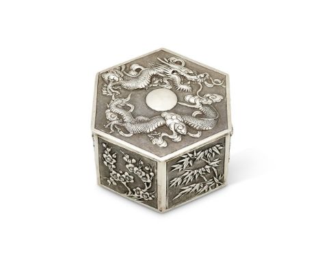 A CHINESE EXPORT SILVER HEXAGONAL TABLE BOX BY WANG HING & CO.HONG KONG, CANTON & SHANGHAI (CHOP MARK, 90, WH) FL. CIRCA 1854