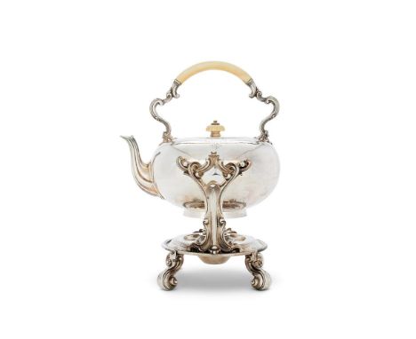 Y AN EARLY VICTORIAN SILVER COMPRESSED SPHERICAL KETTLE ON STAND BY ROBERT GARRARD IILONDON 1843With a curved ivory handle ov