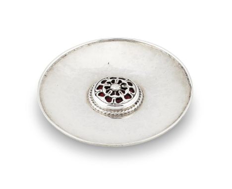 AN ARTS AND CRAFTS HAMMERED SILVER AND ENAMEL SMALL PIN DISH BY OMAR RAMSDENLONDON 1925Engraved Omar Ramsden Me Fecit, circul
