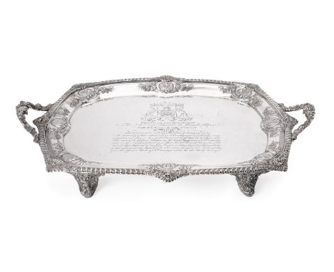 [BATTLE OF SAN DOMINGO INTEREST] A GEORGE III SILVER SHAPED OBLONG TWIN HANDLED TRAY BY WILLIAM BENNETT LONDON 1810 With frui