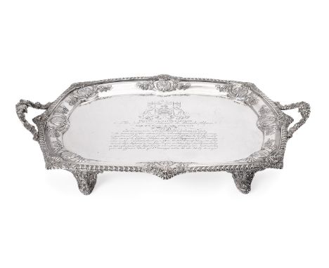 [BATTLE OF SAN DOMINGO INTEREST] A GEORGE III SILVER SHAPED OBLONG TWIN HANDLED TRAY BY WILLIAM BENNETT LONDON 1810 With frui