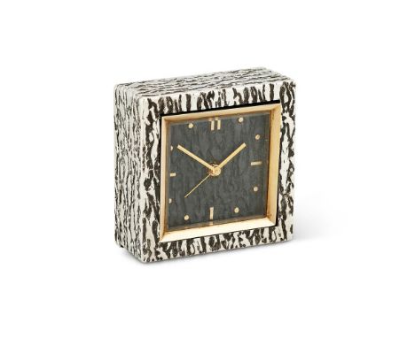 BOUCHERON, PARIS, A FRENCH SILVER CASED SQUARE TRAVELLING CLOCK1838- 1972 2ND STANDARD (.800) CIRCA 1970The square bark finis