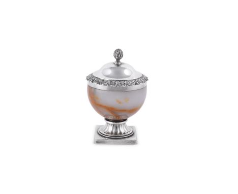 A SILVER MOUNTED AGATE VASE AND COVER BY ADIE BROSBIRMINGHAM 1915With a bud finial to the domed cover with a stiff leaf rim, 