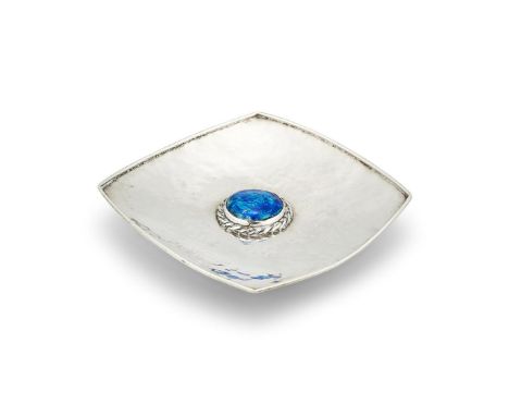 AN ARTS AND CRAFTS HAMMERED SILVER ALMOST SQUARE DISH BY OMAR RAMSDEN & ALWYN CARRLONDON 1909With a central blue and silver e