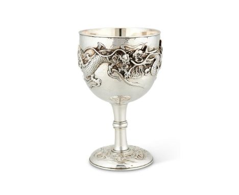 A JAPANESE SILVER GOBLET BY NOMURANAGAHAMA, JUNGIN MARK (PURE SILVER) MEIJI PERIOD OR JUST AFTERDouble walled, chased in reli