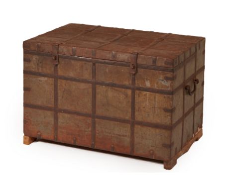 AN INDIAN METAL CLAD AND IRON BOUND TRUNK
With twin carrying handles, hinged cover and on block feet
59cm high x 88cm long x 