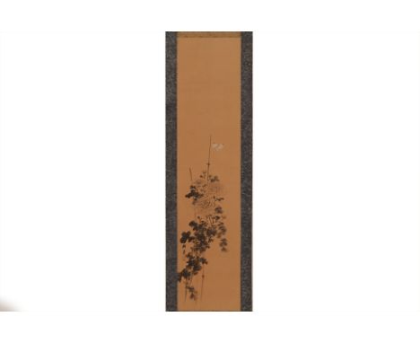 A CHINESE HANGING SCROLL OF CHRYSANTHEMUMS AND A BUTTERFLY
Ink and watercolour on paper, mounted on hanging scroll
Inscribed 