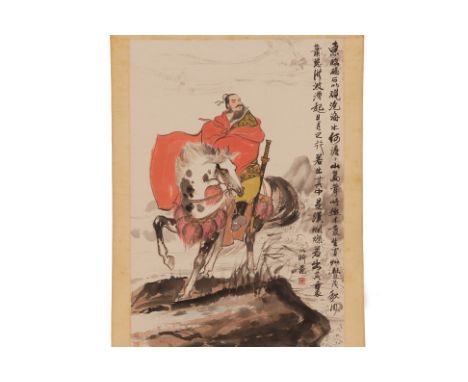 A CHINESE HANGING SCROLL OF A MALE FIGURE ON HORSEBACK
Ink and watercolour on paper, mounted on hanging scroll, inscribed 'Ha