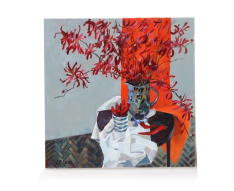 IRINA FORRESTER (BRITISH, CONTEMPORARY)
Red Orchids with Peppers, 2021, 
Mixed media on canvas, unframed, signed, inscribed a
