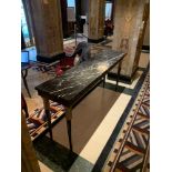 A Black Marble Top Console Table With Wooden Legs With Gold Accent Detail 180cm x 45cm x 86cm Tall (