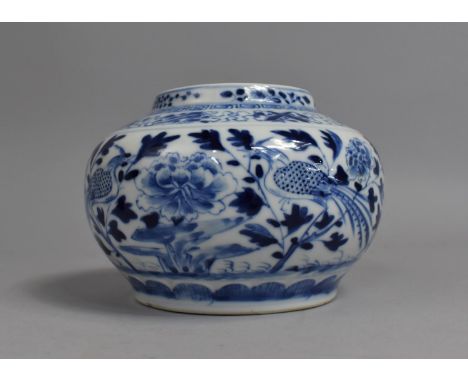 A 19th Century Chinese Porcelain Blue and White Vase of Squat Form Decorated with Birds in Foliage, Four Character Mark to Ba