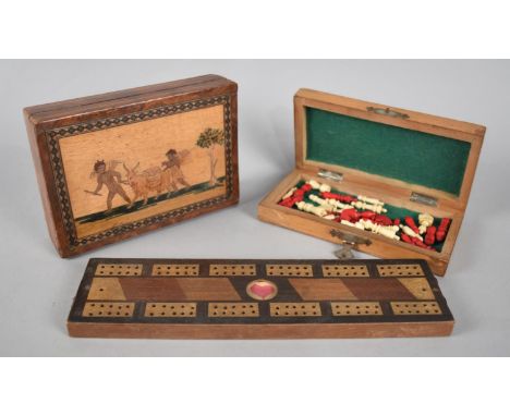 A Travelling Chess Set, Small Inlaid Box Decorated with Cherub and Goat and a Cribbage Board with Carved Suit Slide 