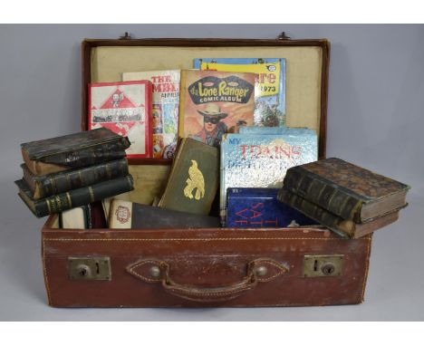 A Vintage Leather Trunk Containing Various Books, Annuals, The Lone Ranger Comic Album Etc, Condition Issues 