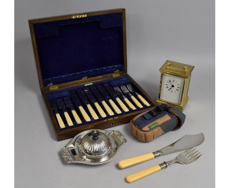 A Collection of Various Sundries to Comprise Incomplete Canteen of Cutlery, Fish Servers, Brass Mantel Clock Etc 