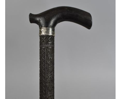 A Finely Carved Anglo Indian Colonial Walking Stick with White Metal Banding Monogrammed ELC, 95cms Long 