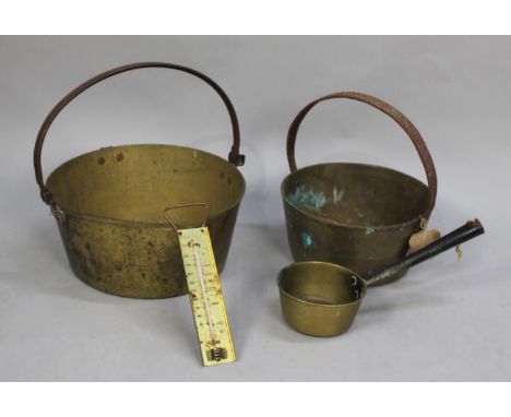 Two Brass and Iron Handled Jam Pans, Together with a Small Brass Cooking Pan and Thermometer 