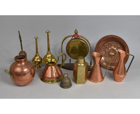 A Collection of Various Metalwares to Comprise Brass Charger, Oriental Tea Caddy, Niello Sprinkler Vases, Table Gong Etc 