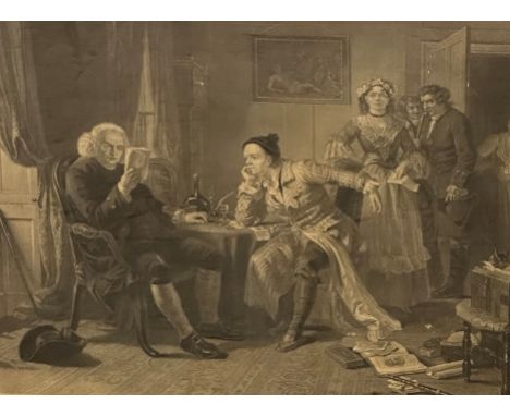 After E M Warde, Doctor Jonson Rescuing Oliver Goldsmith from his Landlady, 19thc print engraved by Samuel Bellin, gilt slip 