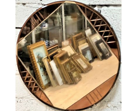 An Art Deco circular framed panelled wall mirror with engraved bronzed glass side panels, (d: 51cm)