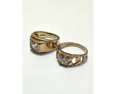 Two gentlemen's style 9ct gold rings, one with cubic zirconia mounted in gypsy style setting, size O, weighs 8.1g, and a chai